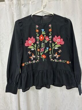 Zara Black Blouse with Multicolor Floral Embroidery